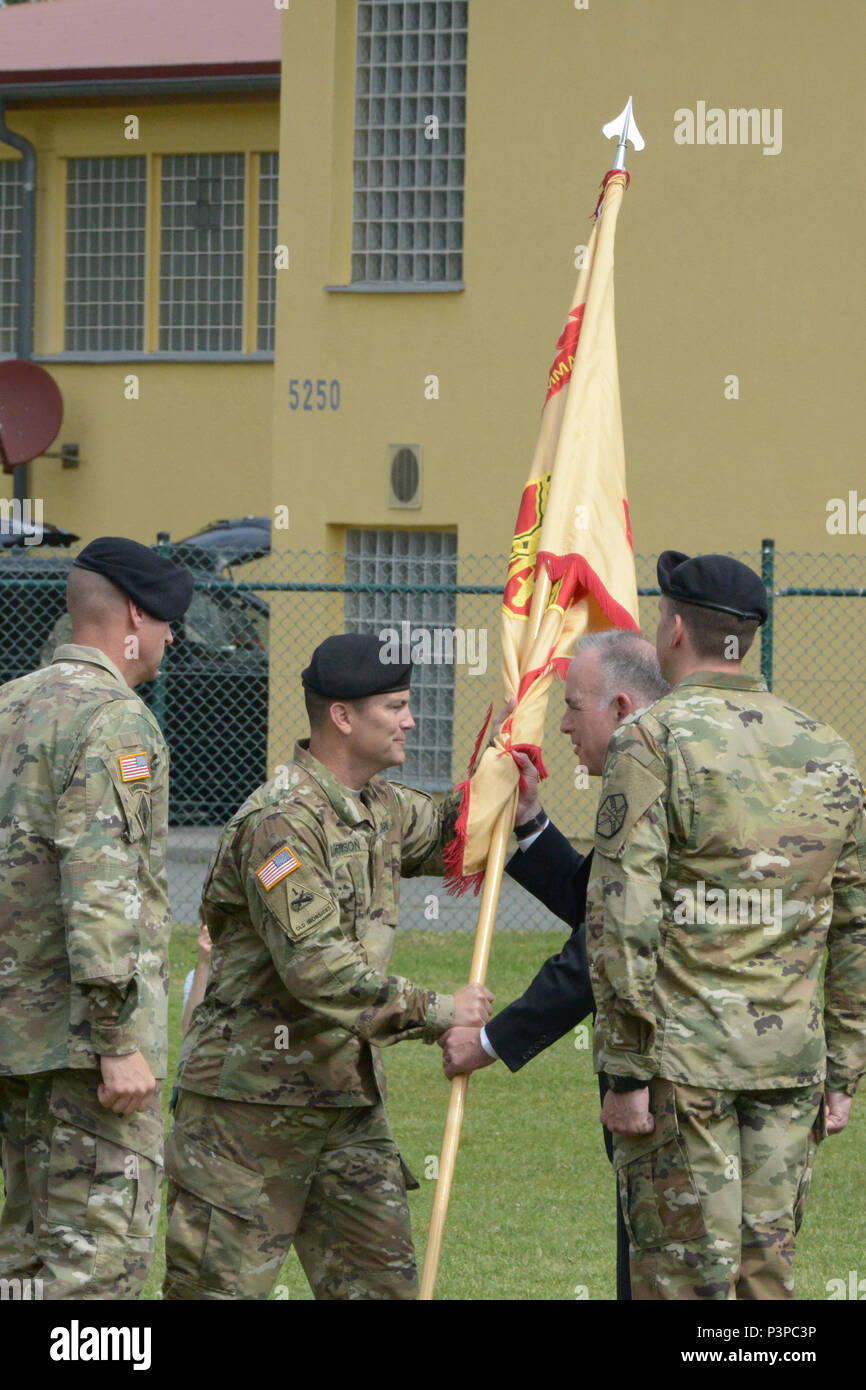 ANSBACH, Germany (July 21, 2016) – The color guard stands on the athletic field at Barton Barracks here Monday during the U.S. Army Garrison Ansbach change of command ceremony. Col. Christopher M. Benson relinquished garrison command, and Col. Benjamin C. Jones assumed command. Stock Photo