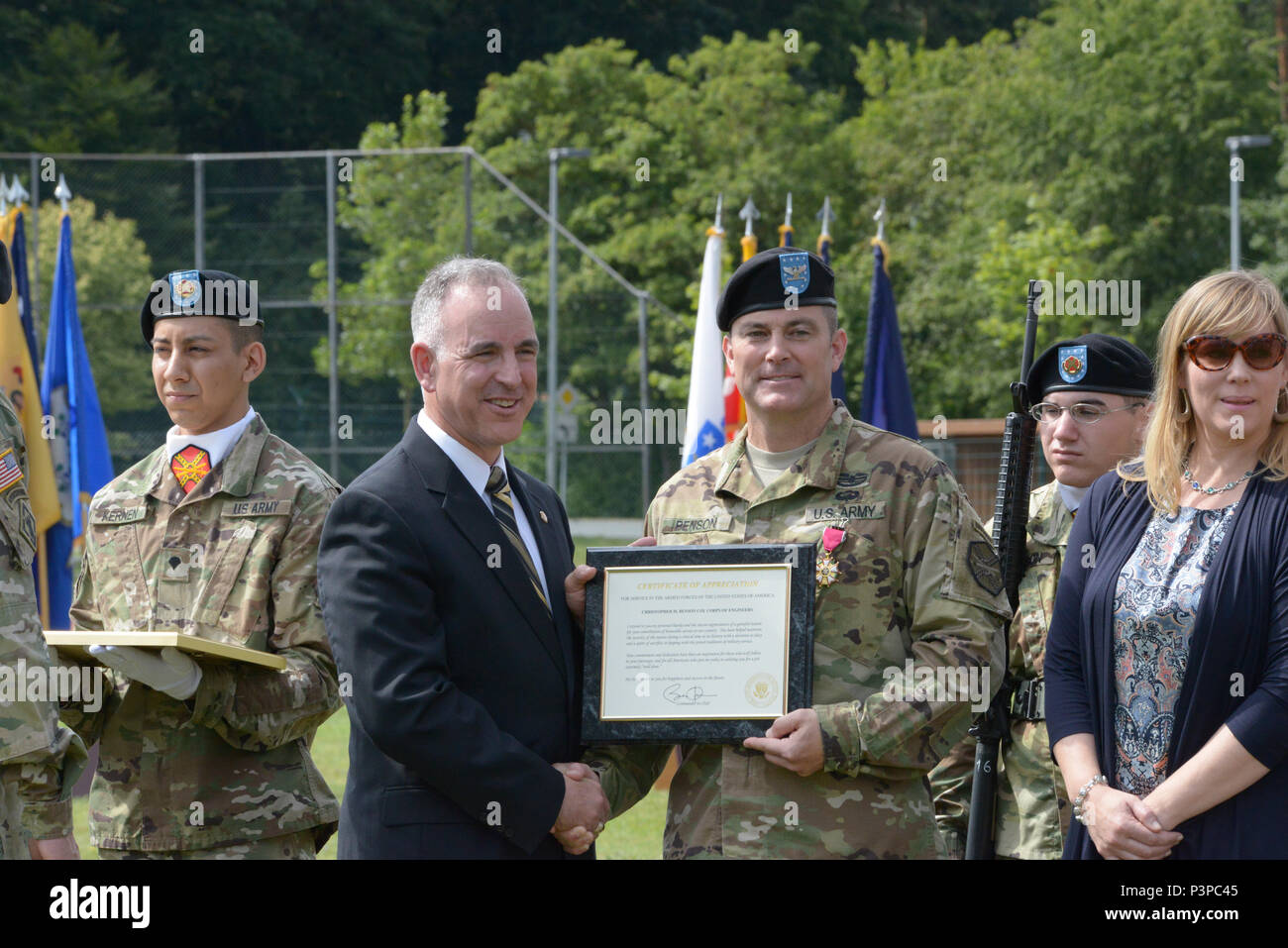 ANSBACH, Germany (July 21, 2016) – Michael D. Formica, director of Installation Management Command – Europe, thanks Col. Christopher M. Benson, outgoing commander of U.S. Army Garrison Ansbach, for Benson’s service and performance. Benson’s retirement ceremony followed the USAG Ansbach change of command Monday at Barton Barracks here.. Stock Photo
