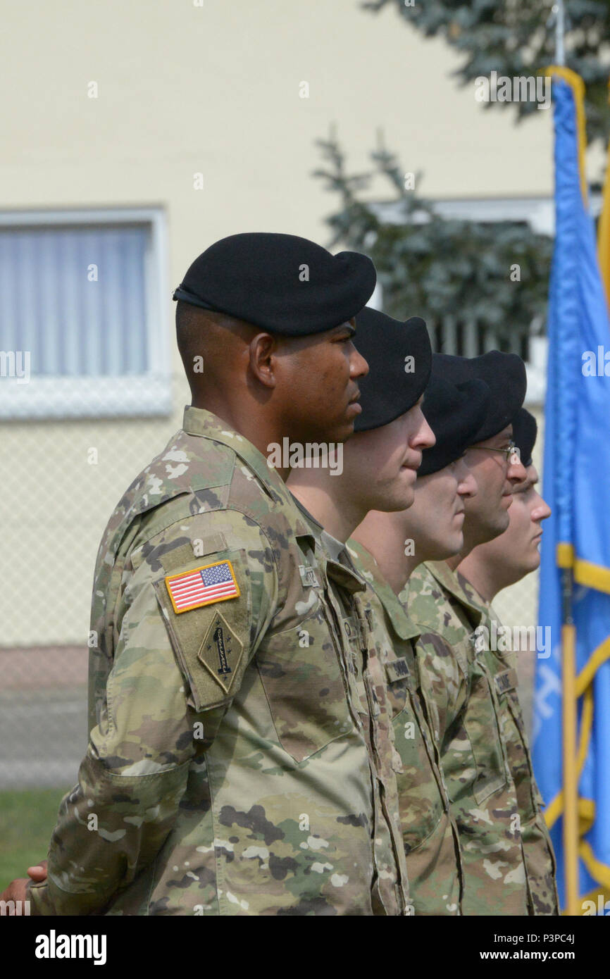 ANSBACH, Germany (July 21, 2016) – Soldiers stand at parade rest at Barton Barracks here Monday during the U.S. Army Garrison Ansbach change of command ceremony. Col. Christopher M. Benson relinquished garrison command, and Col. Benjamin C. Jones assumed command. Stock Photo