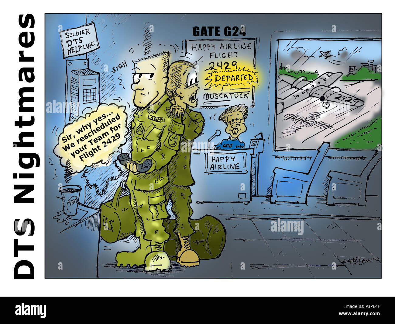 DTS NIGHTMARE - Travelling is a blast with the Defense Travel System.  (U.S. Army Reserve cartoon by 1st Sgt. Timothy Lawn, 205th Press Camp Headquarters) Stock Photo