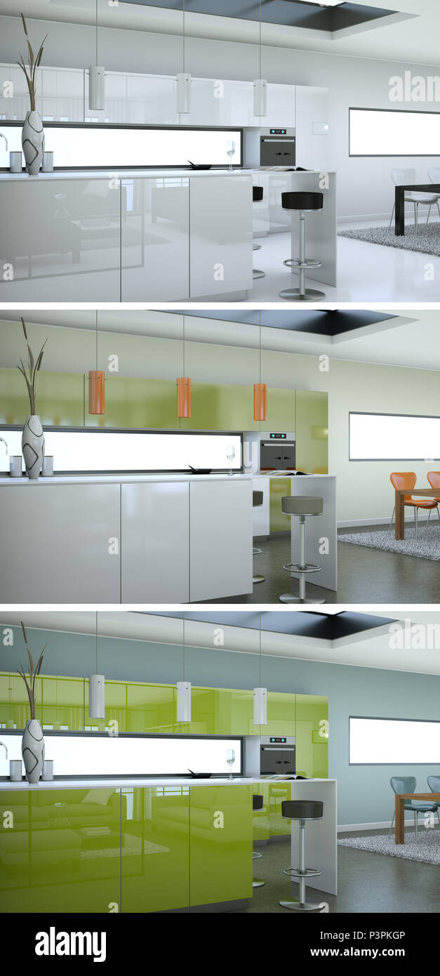 3d Illustration of three color variations of a modern kitchen with a ...