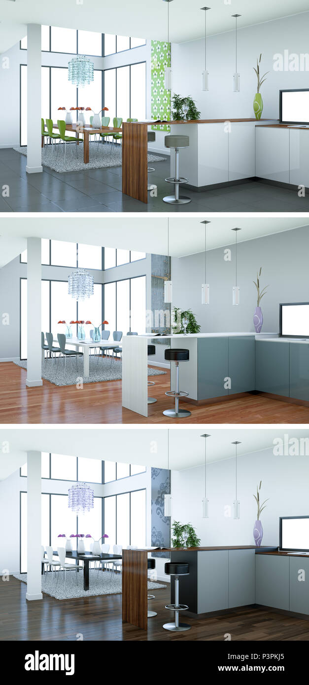 3d Illustration of three color variations of a modern kitchen with a ...