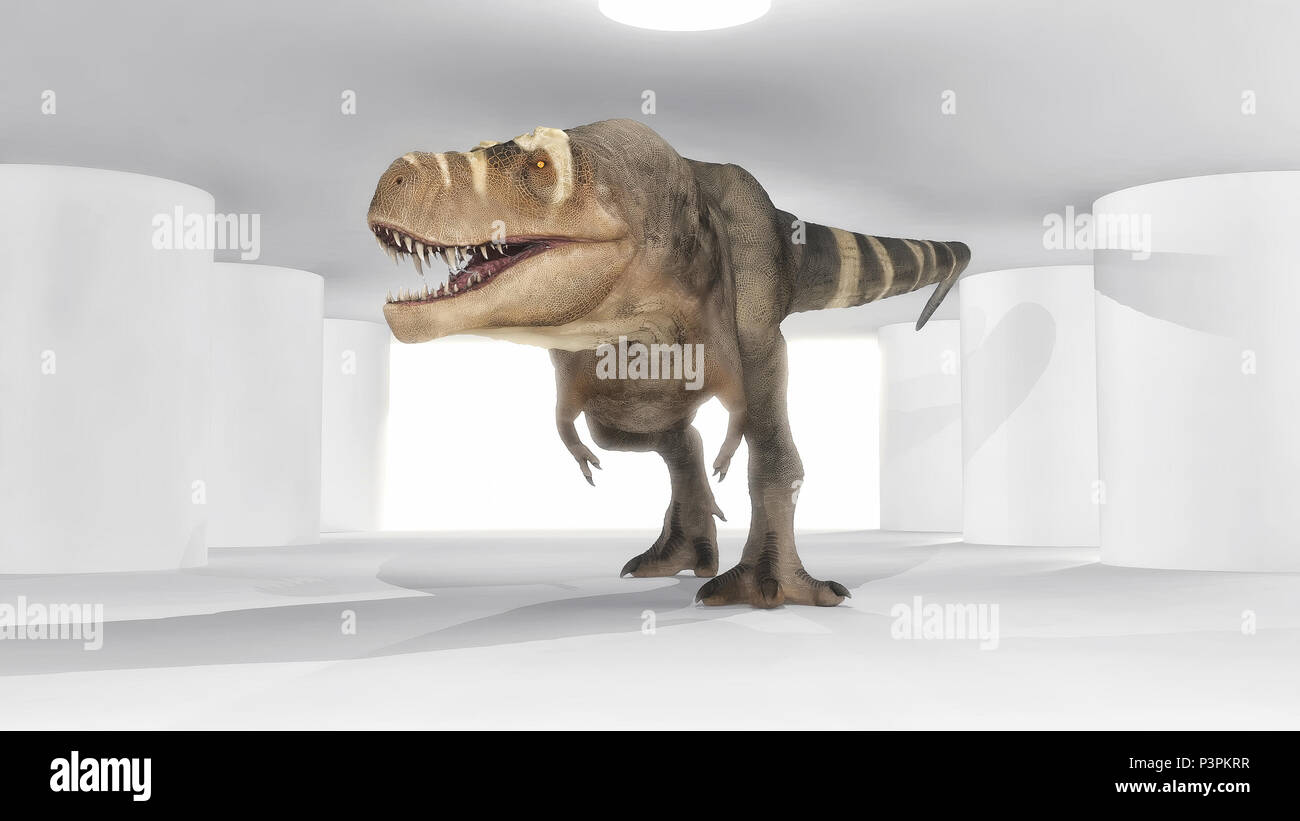 Tyrannosaurus Rex walking iwalking through indoors - 3d illustration Stock Photo