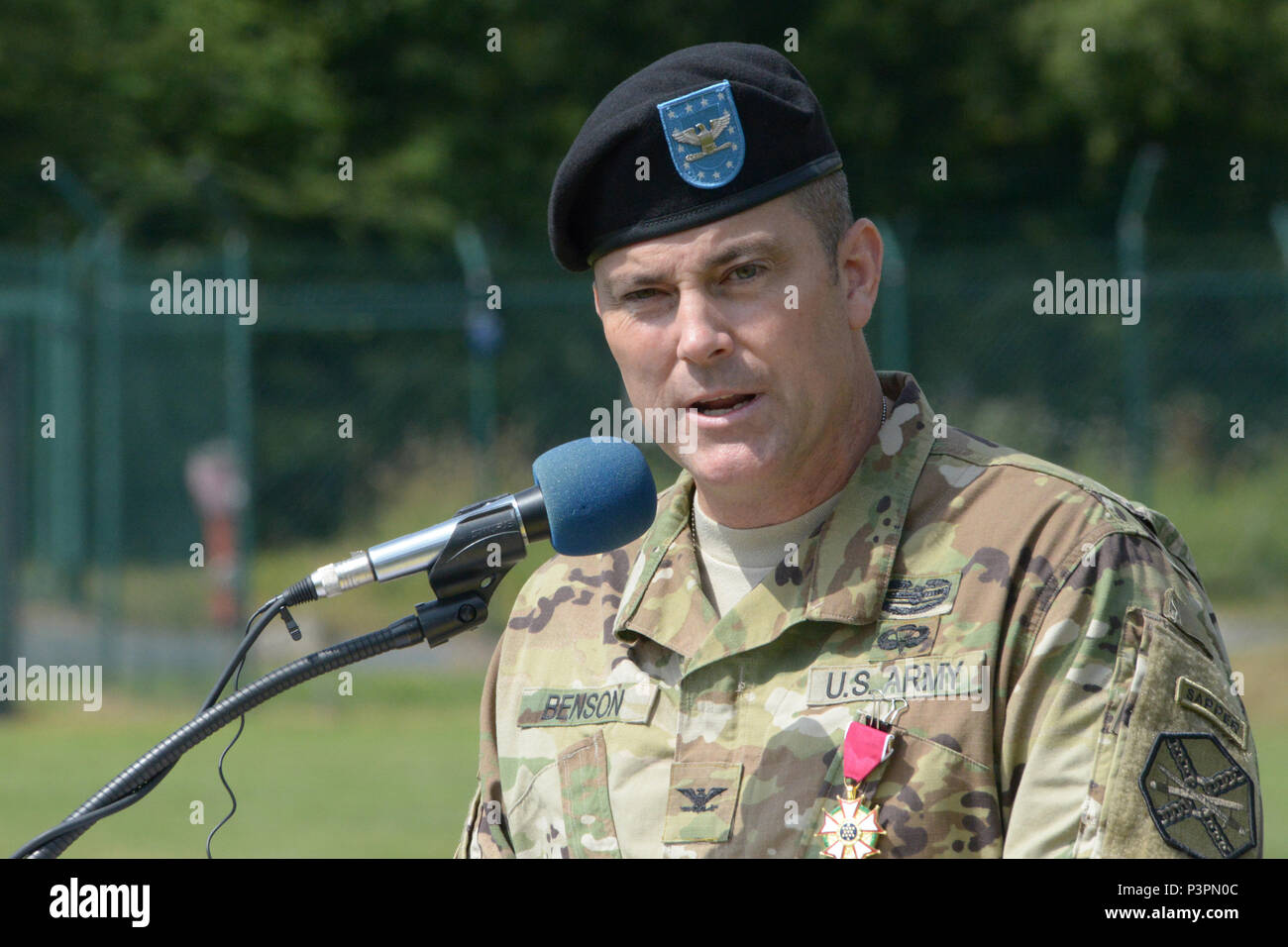 ANSBACH, Germany (July 21, 2016) – At the U.S. Army Garrison Ansbach change of command ceremony Monday at Barton Barracks here, Col. Christopher M. Benson, outgoing garrison commander, speaks to ceremony attendees. Stock Photo