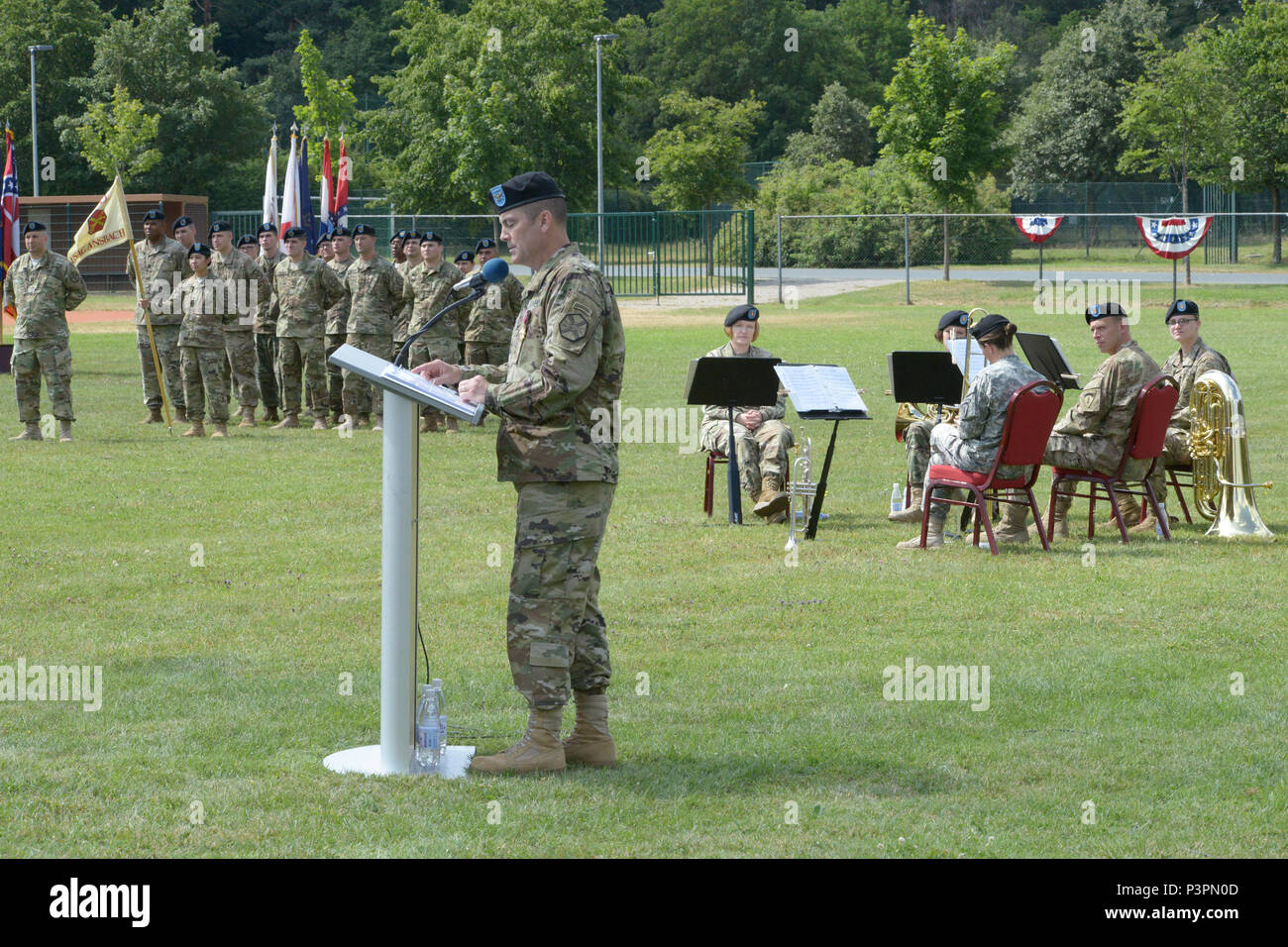 ANSBACH, Germany (July 21, 2016) – At the U.S. Army Garrison Ansbach change of command ceremony Monday at Barton Barracks here, Col. Christopher M. Benson, outgoing garrison commander, speaks to ceremony attendees. Stock Photo
