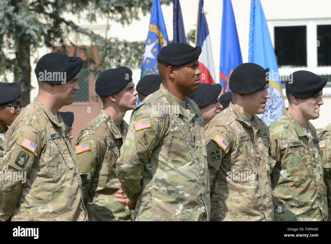 ANSBACH, Germany (July 21, 2016) – Soldiers stand at parade rest during the U.S. Army Garrison Ansbach change of command ceremony Monday at Barton Barracks here. Col. Christopher M. Benson relinquished garrison command, and Col. Benjamin C. Jones assumed command. Stock Photo