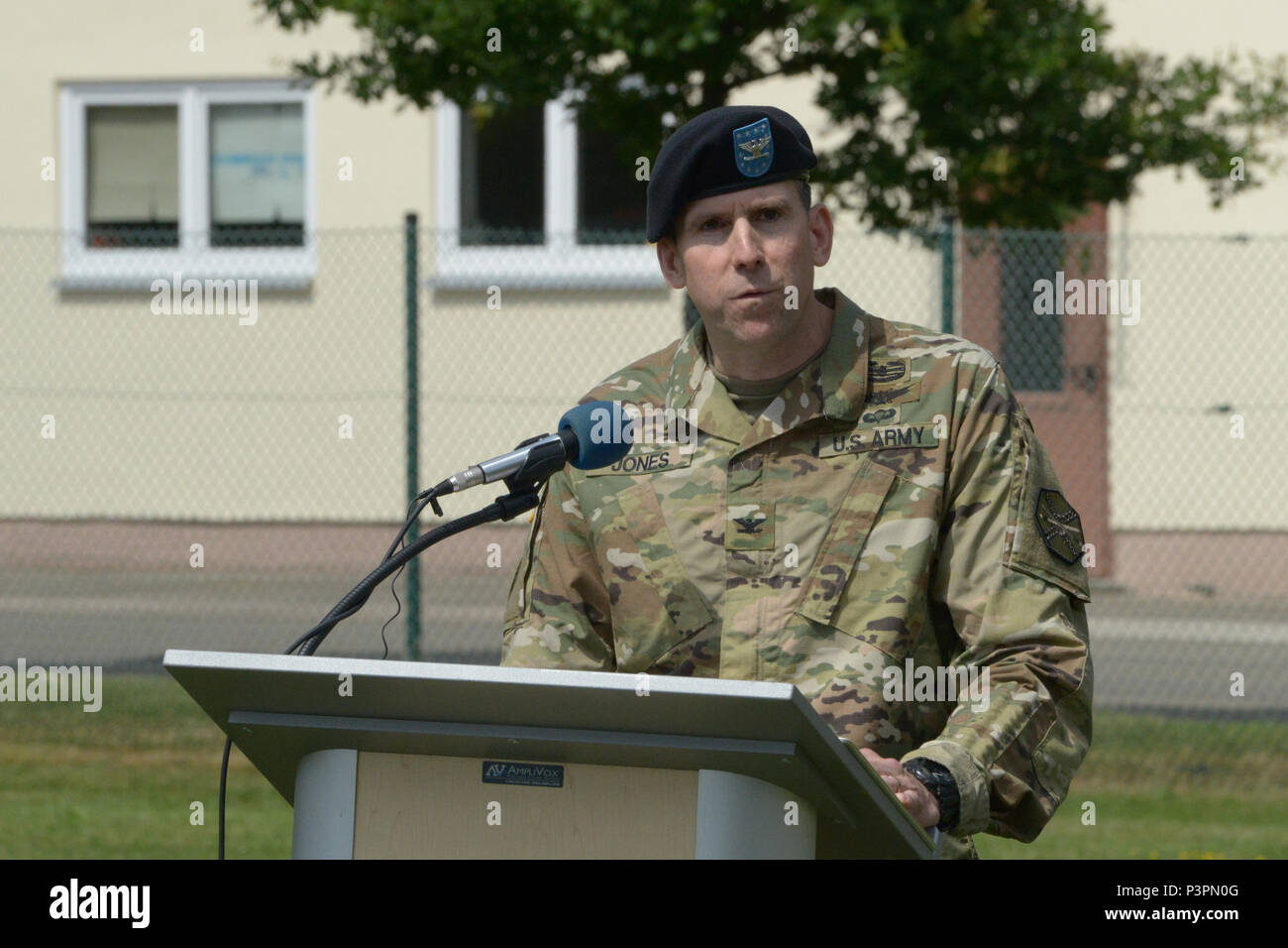 ANSBACH, Germany (July 21, 2016) – At the U.S. Army Garrison Ansbach change of command ceremony here Monday, Col. Benjamin C. Jones, incoming commander, speaks to ceremony attendees. Stock Photo