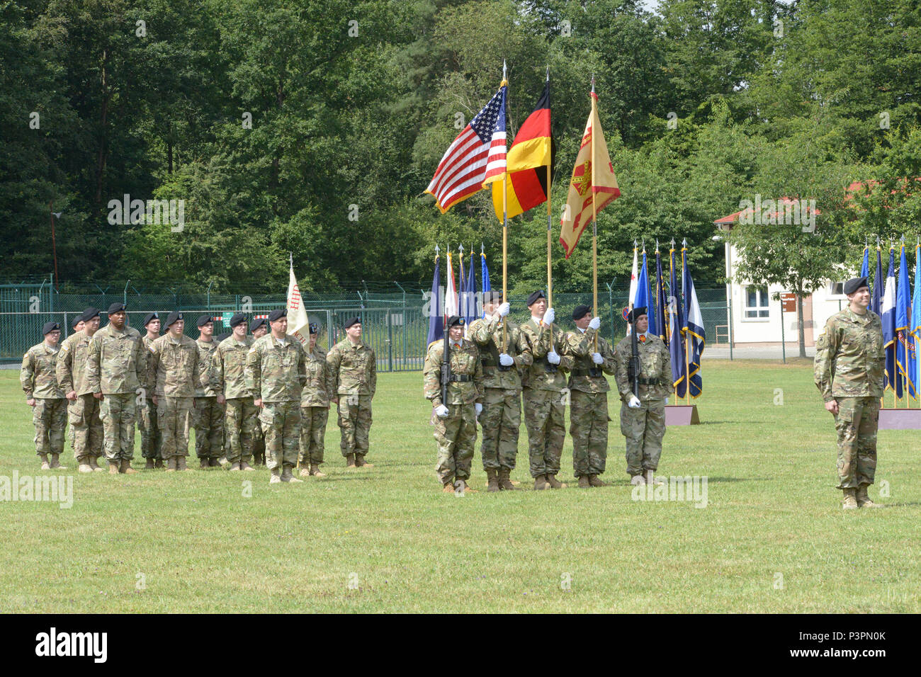 ANSBACH, Germany (July 21, 2016) – At the U.S. Army Garrison Ansbach change of command ceremony, Col. Benjamin C. Jones, right, incoming garrison commander, stands at the head of the color guard formation Monday at Barton Barracks here. Stock Photo
