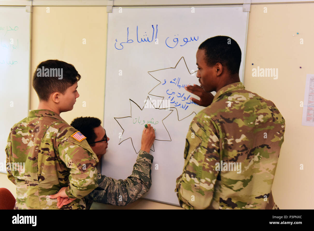 (Left-right) Pfc. Lydia Trusty and Spc. Tauhid Davis practice Arabic during class July 6 at the Defense Language Institute Foreign Language Center. Col. Greg Ebner, head of the Department of Foreign Languages at the U.S. Military Academy at West Point and attended the institute in 1996-1997, returned to Monterey, California, for a 90-day developmental assignment at the institute's continuing education directorate. Stock Photo