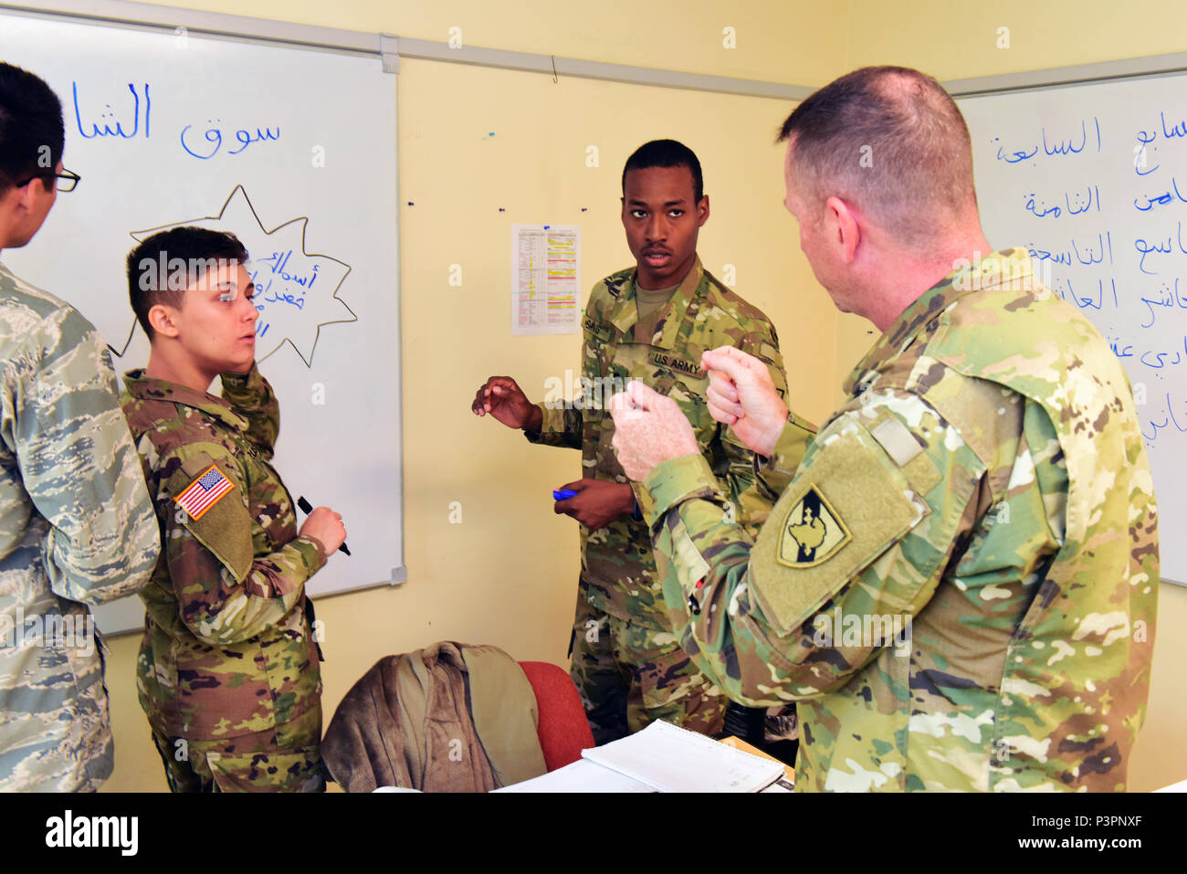 Left-Right) Pfc. Lydia Trusty And Spc. Tauhid Davis Listen To Col. Greg  Ebner, Head Of The Department Of Foreign Languages At The U.s. Military  Academy At West Point, During Arabic Class July