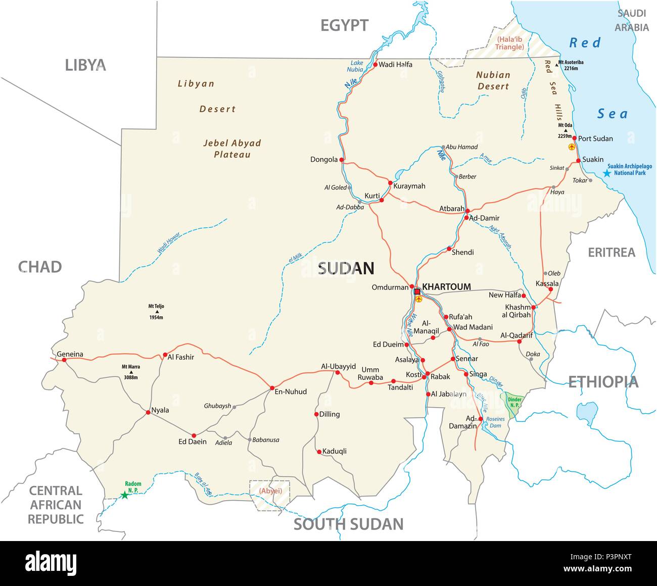 Republic of the Sudan road vector map Stock Vector
