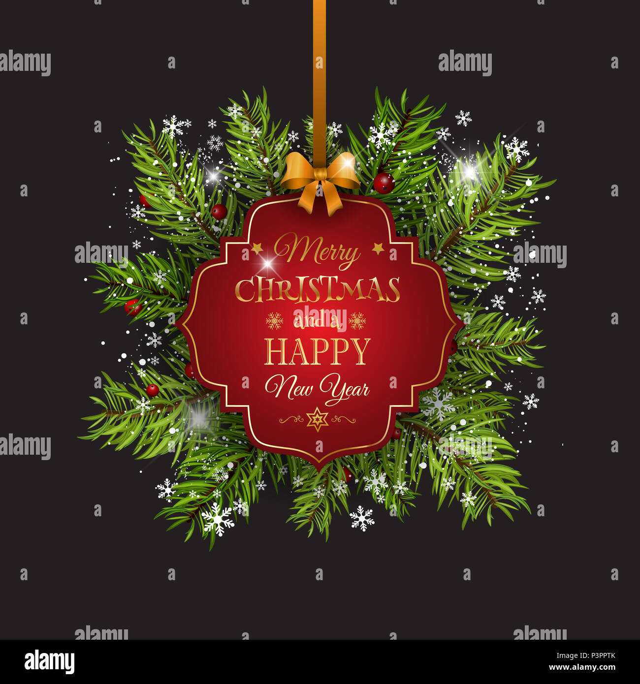 Christmas background with fir tree branches, ribbon and decorative label Stock Photo