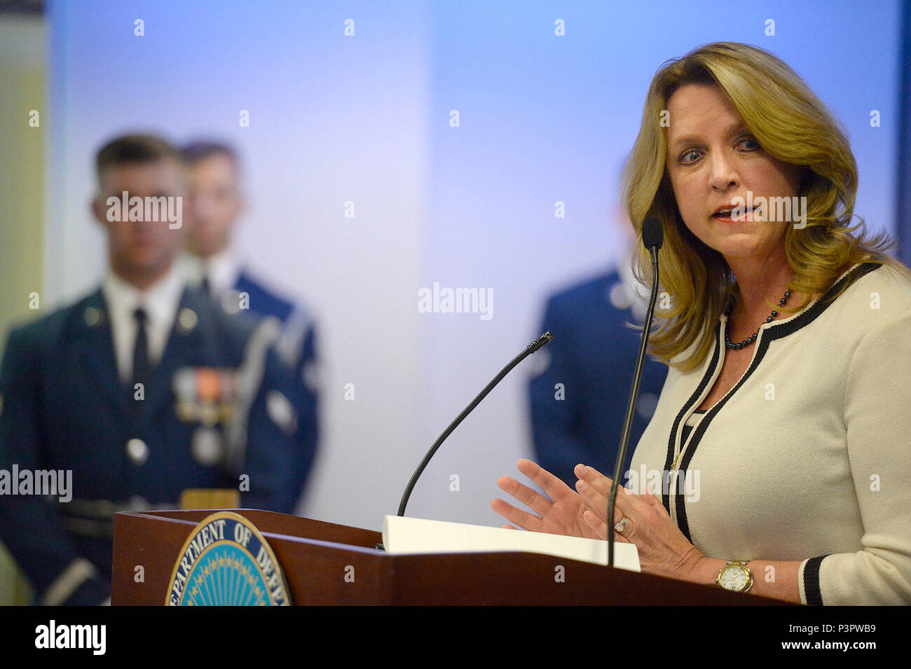 Secretary of the Air Force speaks during the retirement ceremony in honor of Anthony Duno, in the Pentagon, July 22, 2016.  Duno leaves Federal service after 70 years, beginning with being drafted into the U.S. Army in 1943.  Duno accepted his first civil service position as an administrative and logistical officer in the Army Exchange Service in 1947.  (U.S. Air Force photo/Scott M. Ash) Stock Photo