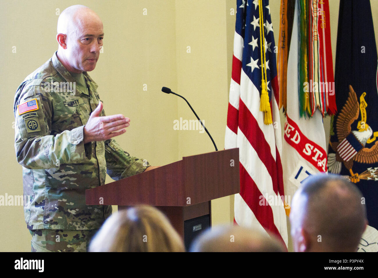 LTG Charles D. Luckey, Commanding General of U.S. Army Reserve Command, talks to military, civilian and community leaders during a welcome ceremony on July 28, 2017 at Fort Bragg's Marshall Hall, home to both U.S. Army Forces Command and USARC headquarters staff. The ceremony was hosted by Gen. Robert B. Abrams, Commanding General of FORSCOM. LTG Luckey was joined by his wife, Julie, at the ceremony, as well as past and present Fort Bragg senior leaders to include LTG Stephen Townsend, Commanding General of the XVIII Airborne Corps & Ft. Bragg and Gen. (Retired) Dan McNeill. LTG Luckey, the 33 Stock Photo