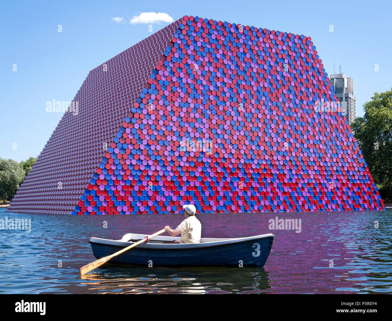 The Mastaba sculpture by Christo and Jeanne Claude in the Serpentine lake Hyde Park london UK Stock Photo