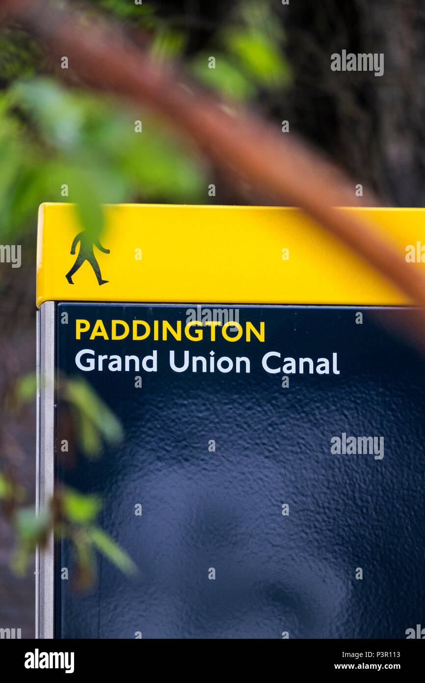 Information sign beside the Grand Union Canal at Paddington, London, England, U.K. Stock Photo