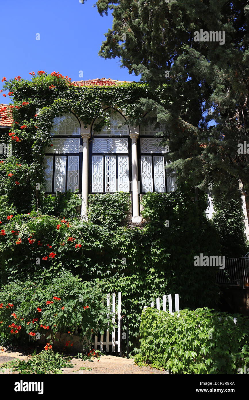 A traditional Lebanese house covered with lush green foliage Stock
