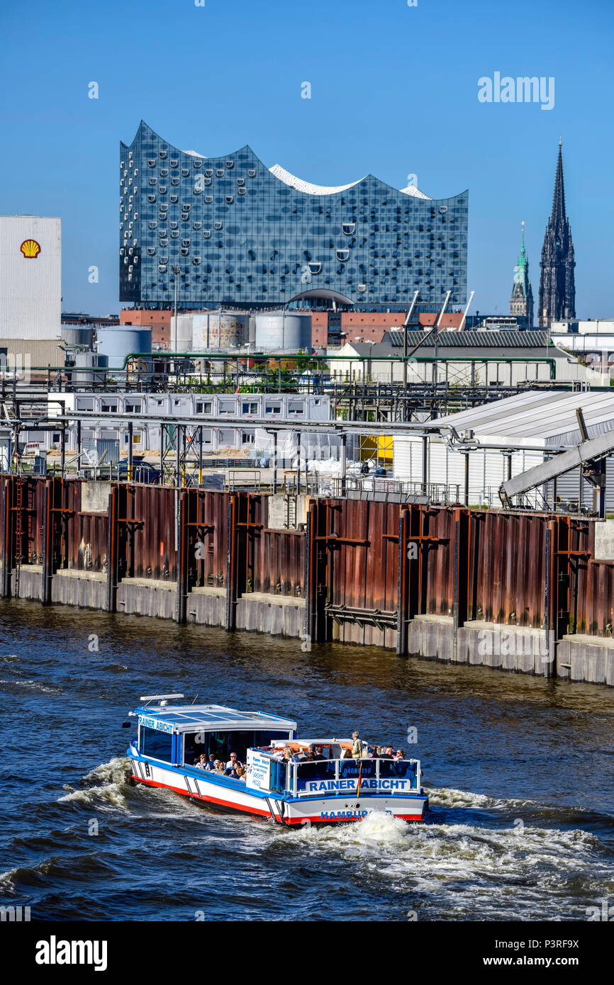 Elbphilharmonie, herons rose and port facilities in Hamburg, Germany, Europe, Reiherstieg und Hafenanlagen in Hamburg, Deutschland, Europa Stock Photo