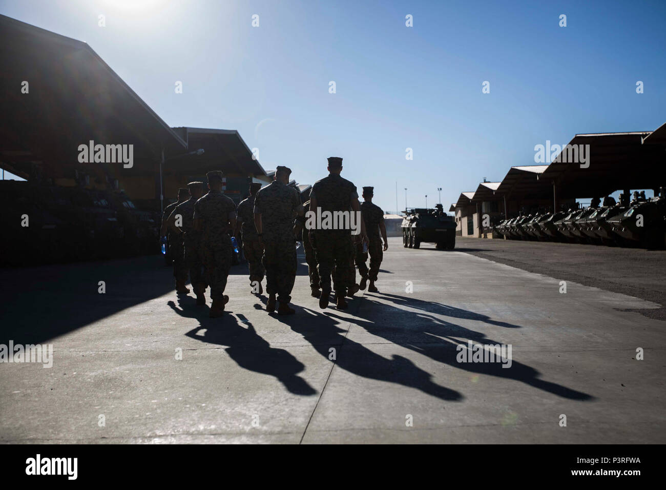 Marines assigned to Special Purpose Marine Air-Ground Task Force-Crisis Response-Africa combat logistics element receive a tour of La Legión Base Militar, Viator, Spain, April 8, 2017. SPMAGTF-CR-AF deployed to conduct limited crisis response and theater security operations in Europe and North Africa. Stock Photo