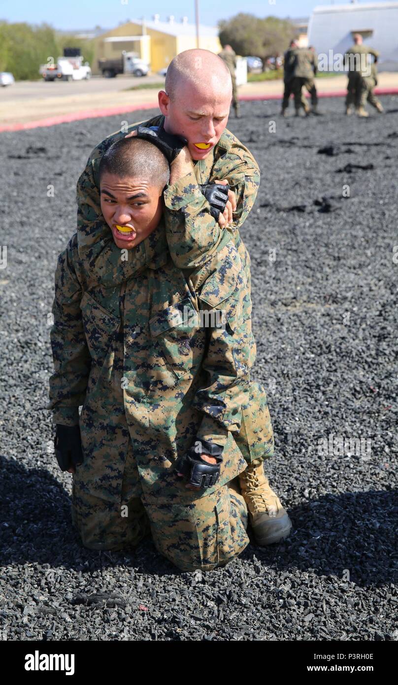 A recruit from Mike Company, 3rd Recruit Training Battalion, applies a choke  hold during a Marine Corps Martial Arts Program test at Marine Corps  Recruit Depot San Diego, July 20. The recruits