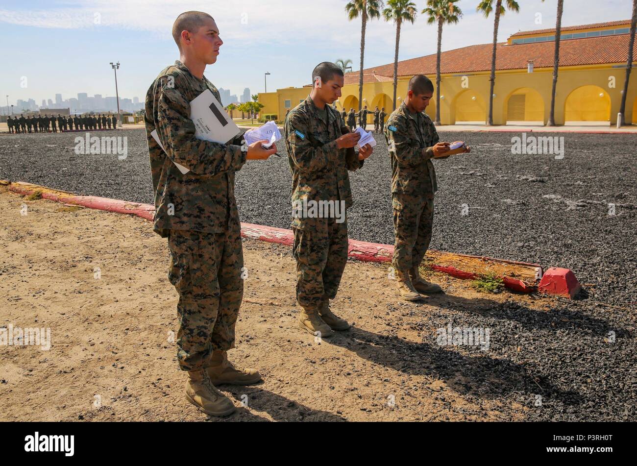 Scribes from Mike Company, 3rd Recruit Training Battalion, write down