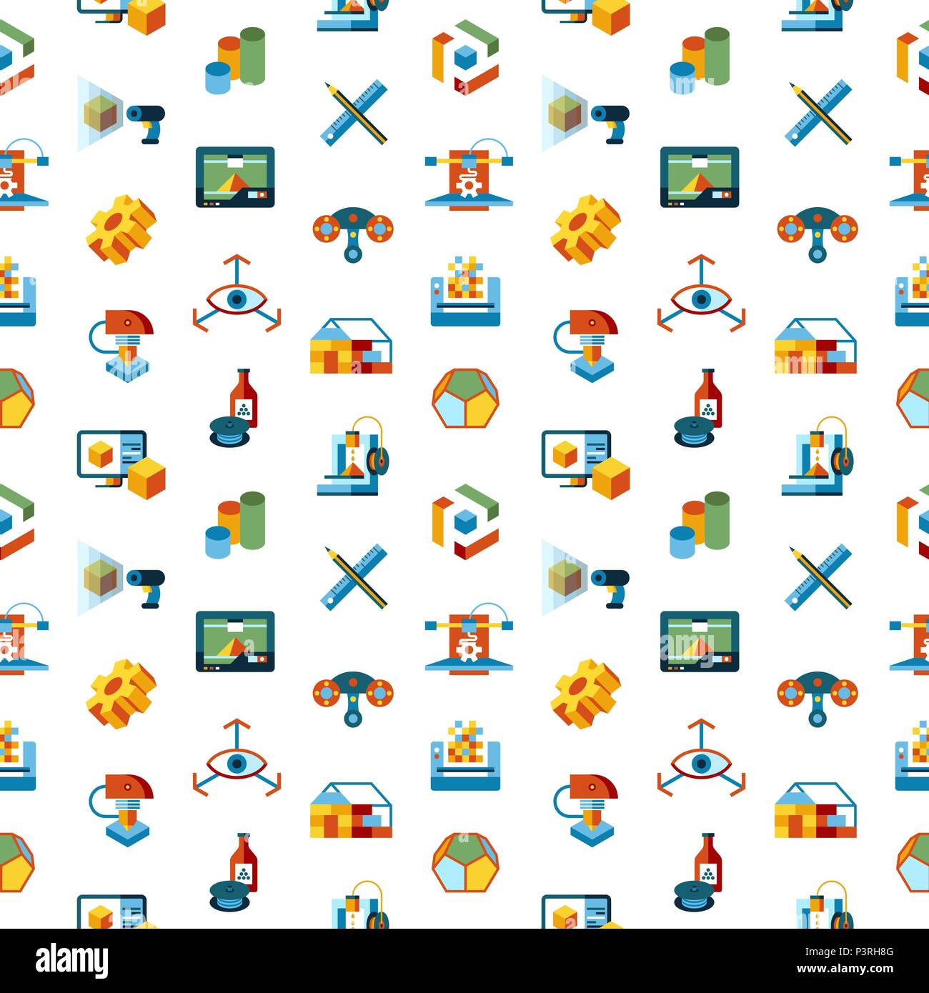 Digital vector 3d printing manufacturing technology icon set, seamless pattern Stock Vector