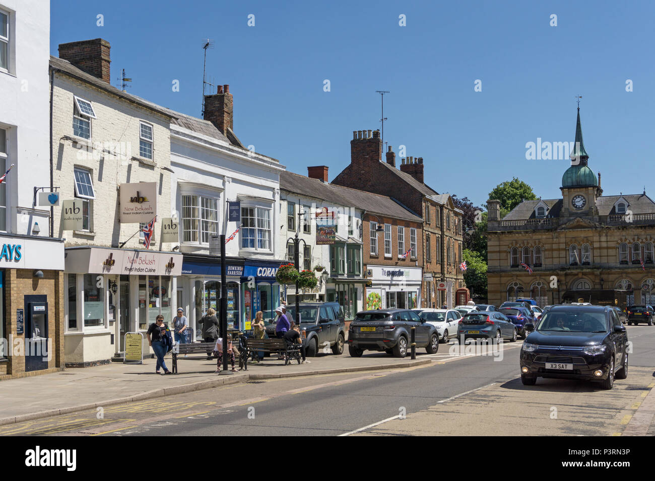 The High Street of the market town of Towcester, Northamptonshire, UK