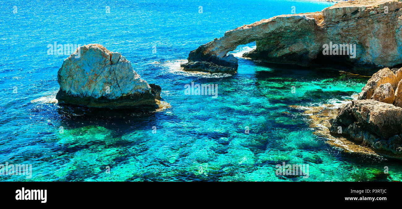 Unique rocks and azure sea in Agya Napa,Cyprus island. Stock Photo