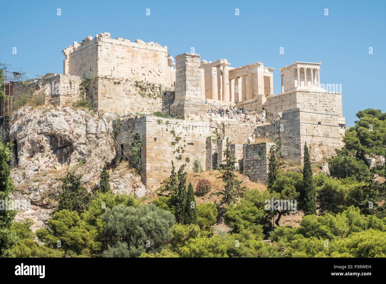 View from the solid marble hill called Aeropagus Hill aka Mars Hill, towards the Acropolis, Athens, Greece. Stock Photo