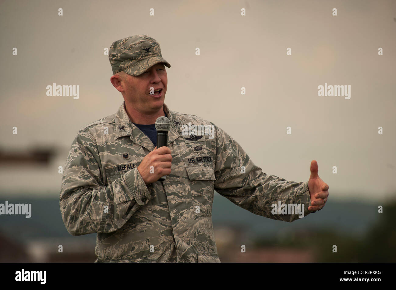 U.S. Air Force Col. Joseph McFall, 52nd Fighter Wing commander, speaks at the opening ceremony of Relay For Life at Spangdahlem Air Base, Germany, July 29, 2016. Airmen and their families raised more than $12,000 for the American Cancer Society during this 24-hour relay event. (U.S. Air Force photo by Staff Sgt. Jonathan Snyder/Released) Stock Photo