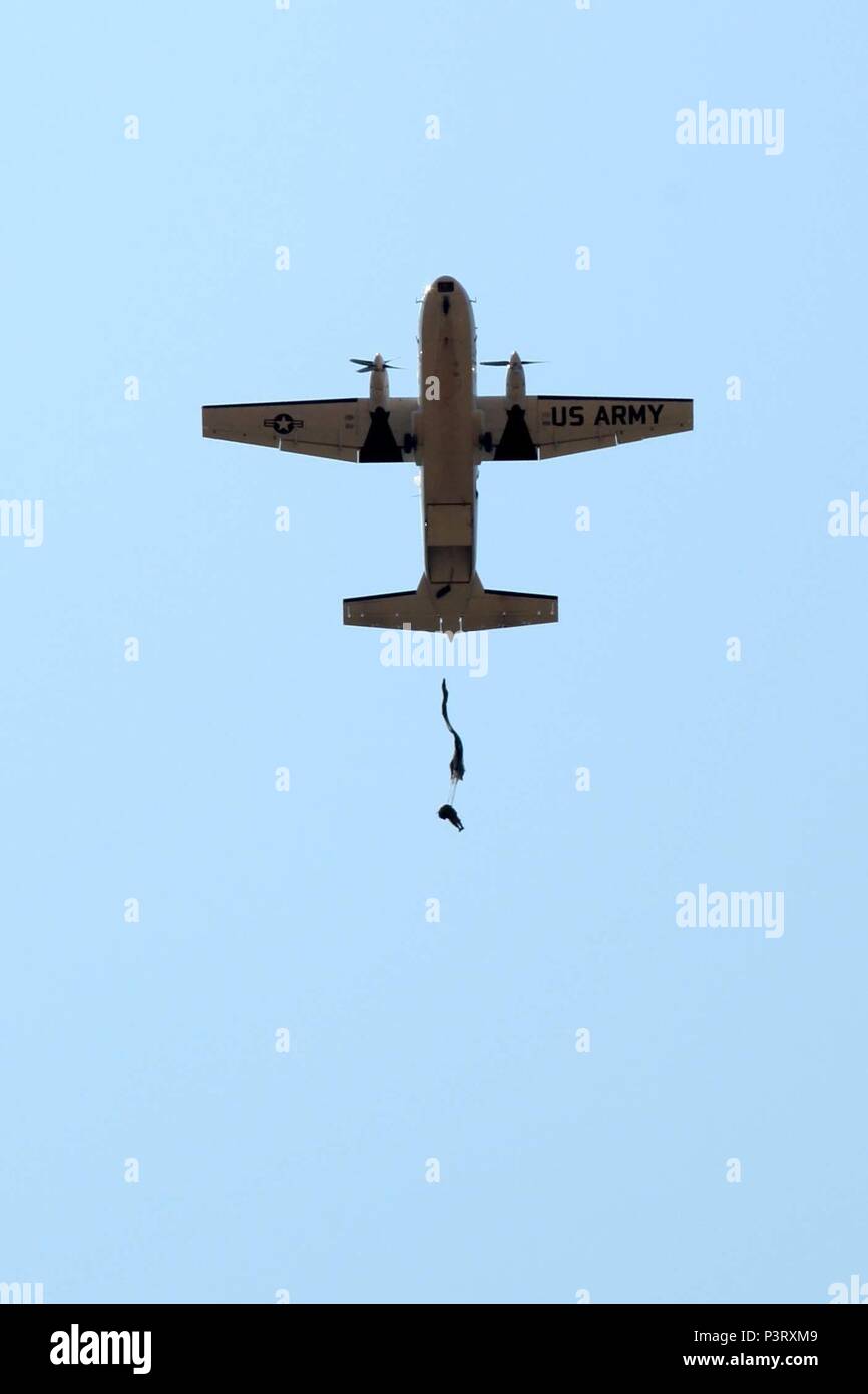 A U.S. Army Special Operations Command Paratrooper exits from the ramp