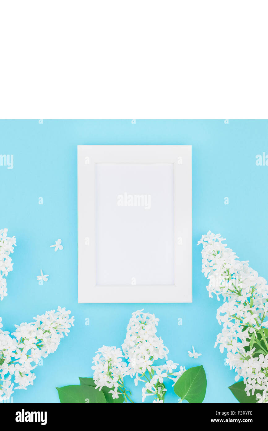 Creative flat lay concept top view of blank postcard frame mock up and ...