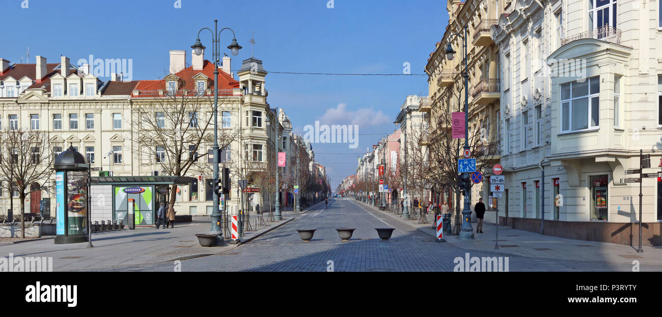 VILNIUS, LITHUANIA -MARCH 31, 2018:  Perspective of the main central street of the Lithuanian capital - Gediminas Avenue. Sunday March morning, isn't  Stock Photo