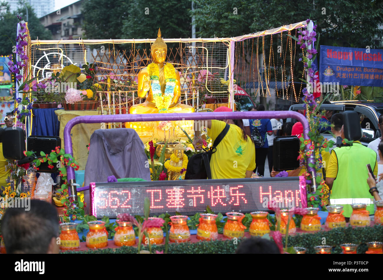 Buddha statue on the wesak procession floats vehicle during wesak day,  29th May 2018 at Maha Vihara Buddhist temple, Brickfields, Malaysia. Stock Photo
