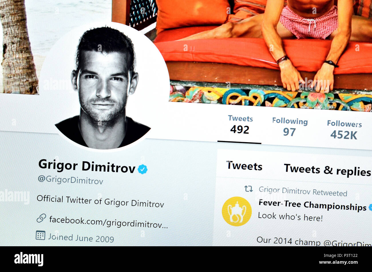 Grigor Dimitrov Twitter page (2018) Stock Photo
