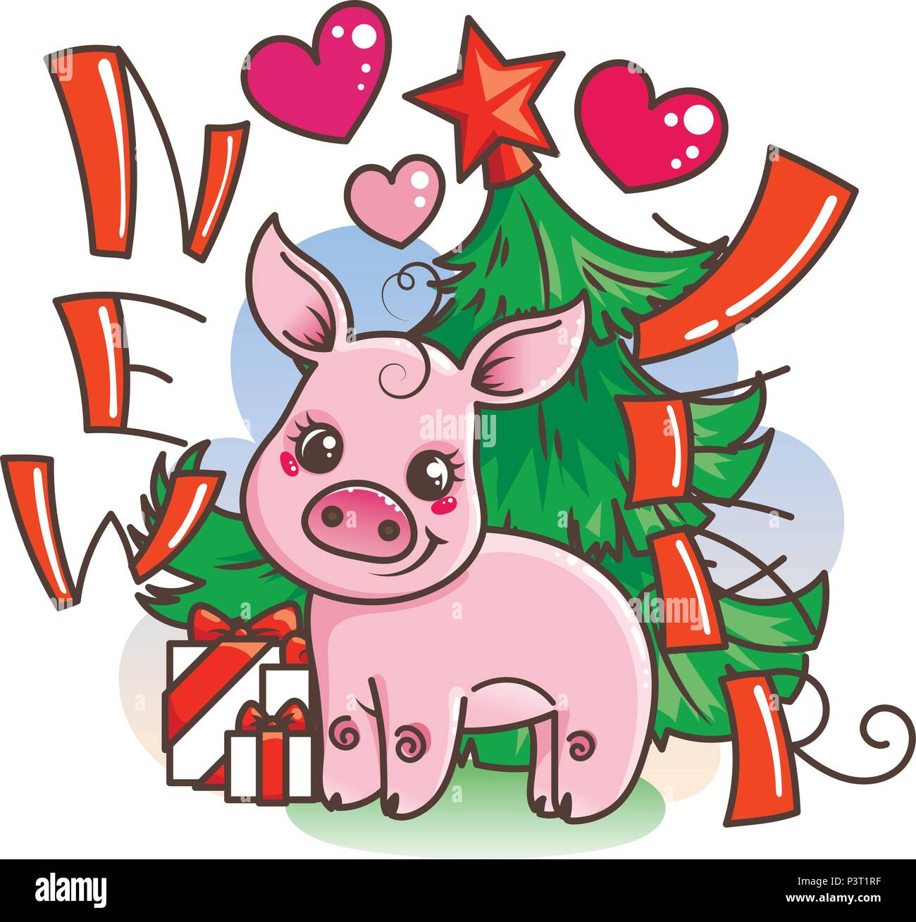 Happy New 2019 Year card with cartoon baby pig. Small vector symbol of ...