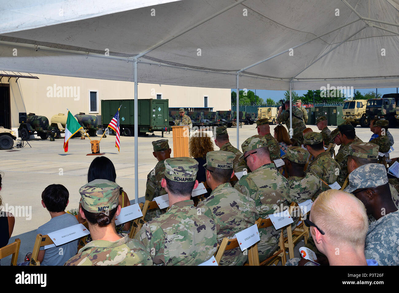 Incoming commander Capt. Jeremy K. Galvez, U.S. Army Africa Headquarters Support Company, gives a speech, July 29, 2016, during a change of command ceremony at Caserma Del Din in Vicenza, Italy. (U.S. Army photo by Visual Information Specialist Antonio Bedin/released) Stock Photo