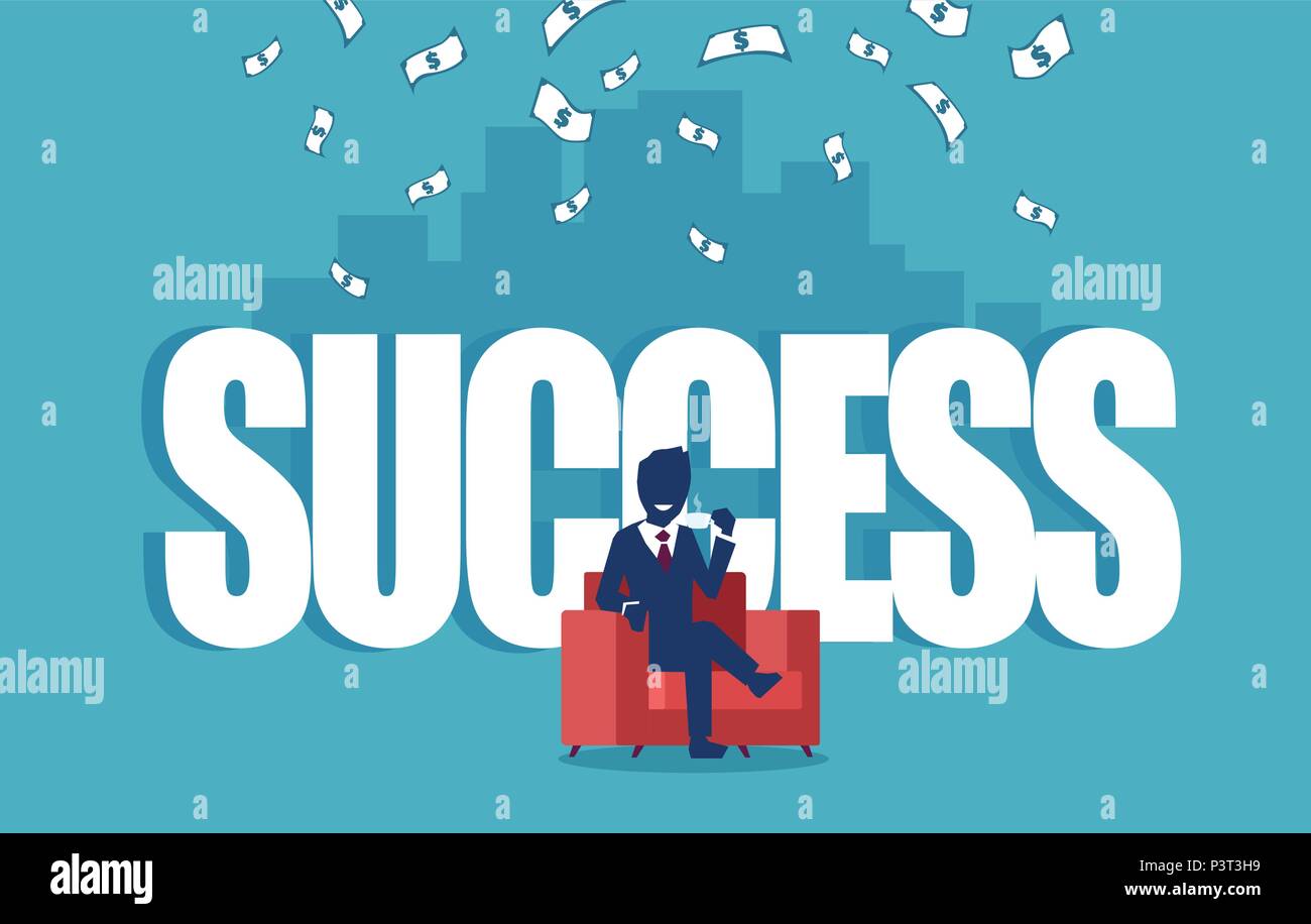 Vector of a successful businesman sitting in a red armchair under money rain with a skyline background Stock Vector