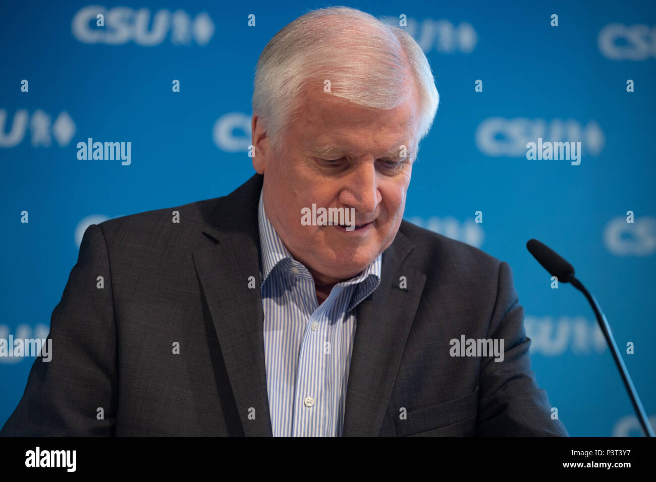 German minister of Interiour and CSU chairman Horst Seehofer speaks at the press conference. The Christian Social Union (CSU) held a board meeting, where they discussed about the argue with German Chancellor Angela Merkel and her Christian Democratic Union about the refugee crisis and the migration master plan (Masterplan Migration). (Photo by Alexander Pohl/ Pacific Press) Stock Photo