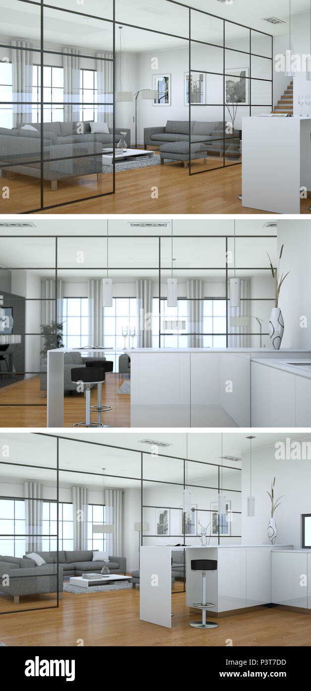Three views of modern interior loft design with sofas 3d Rendering ... - Three Dimensional By Integrated Lofts