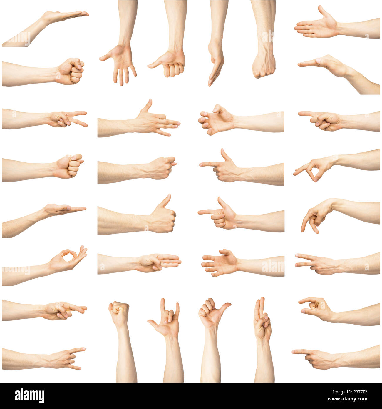 Multiple male caucasian hand gestures isolated over the white background Stock Photo
