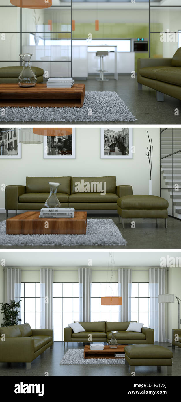 Three views of modern interior loft design with sofas 3d Rendering ...