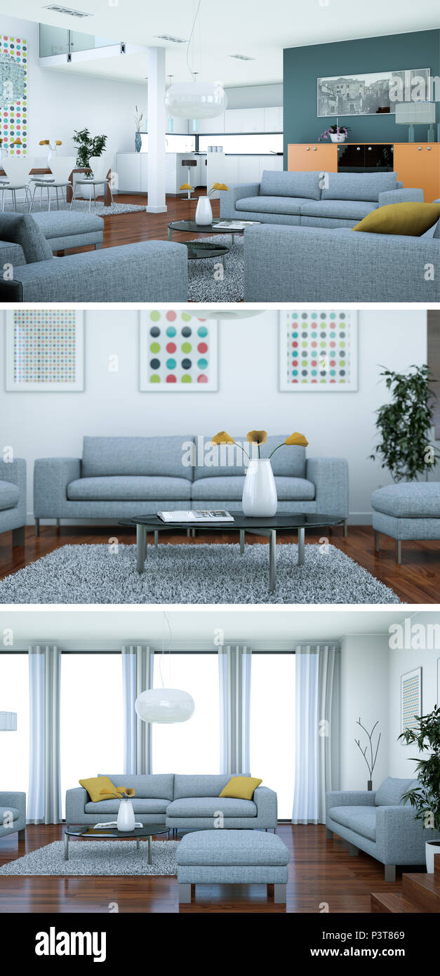 Three views of modern interior loft design with sofas 3d Rendering ...