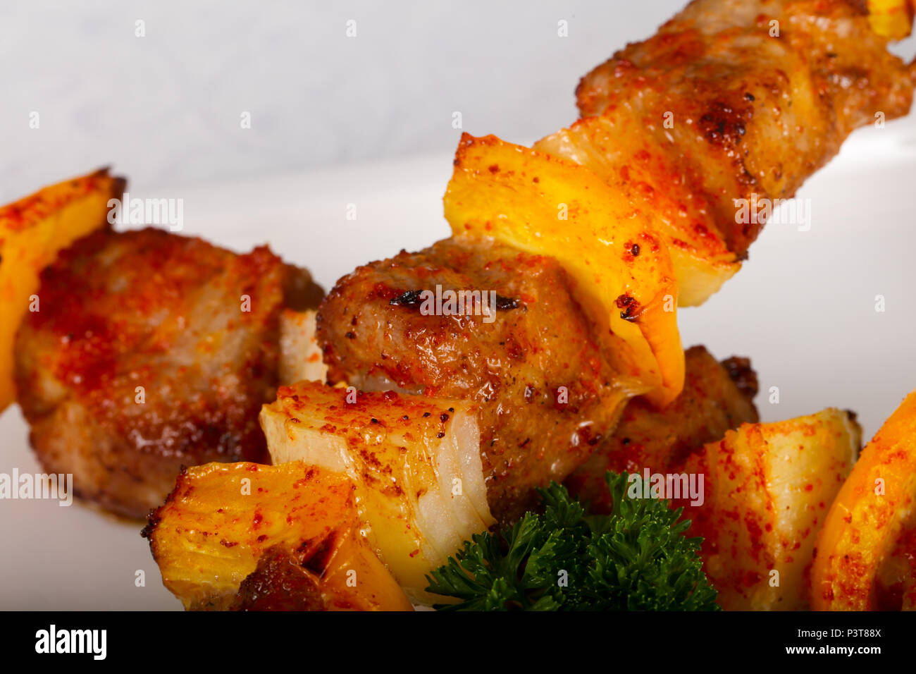 Pork skewers with vegetables Stock Photo Alamy
