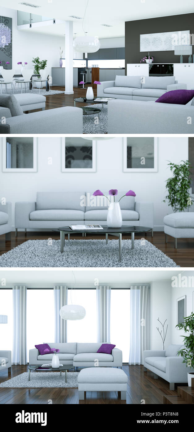 Three views of modern interior loft design with sofas 3d Rendering ...