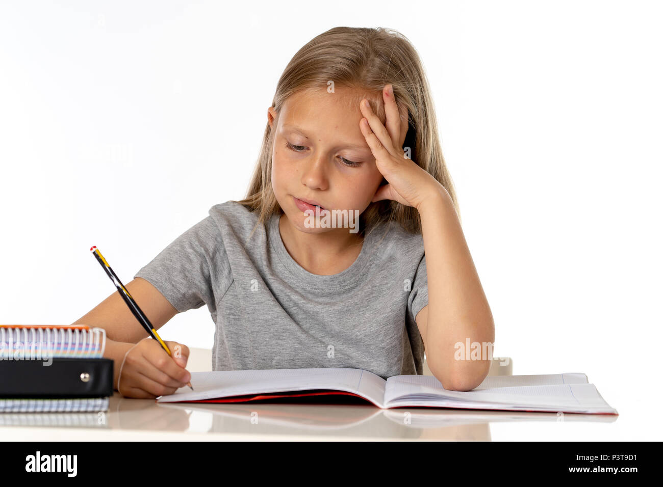 education, elementary school, childhood and emotions concept sad or ...