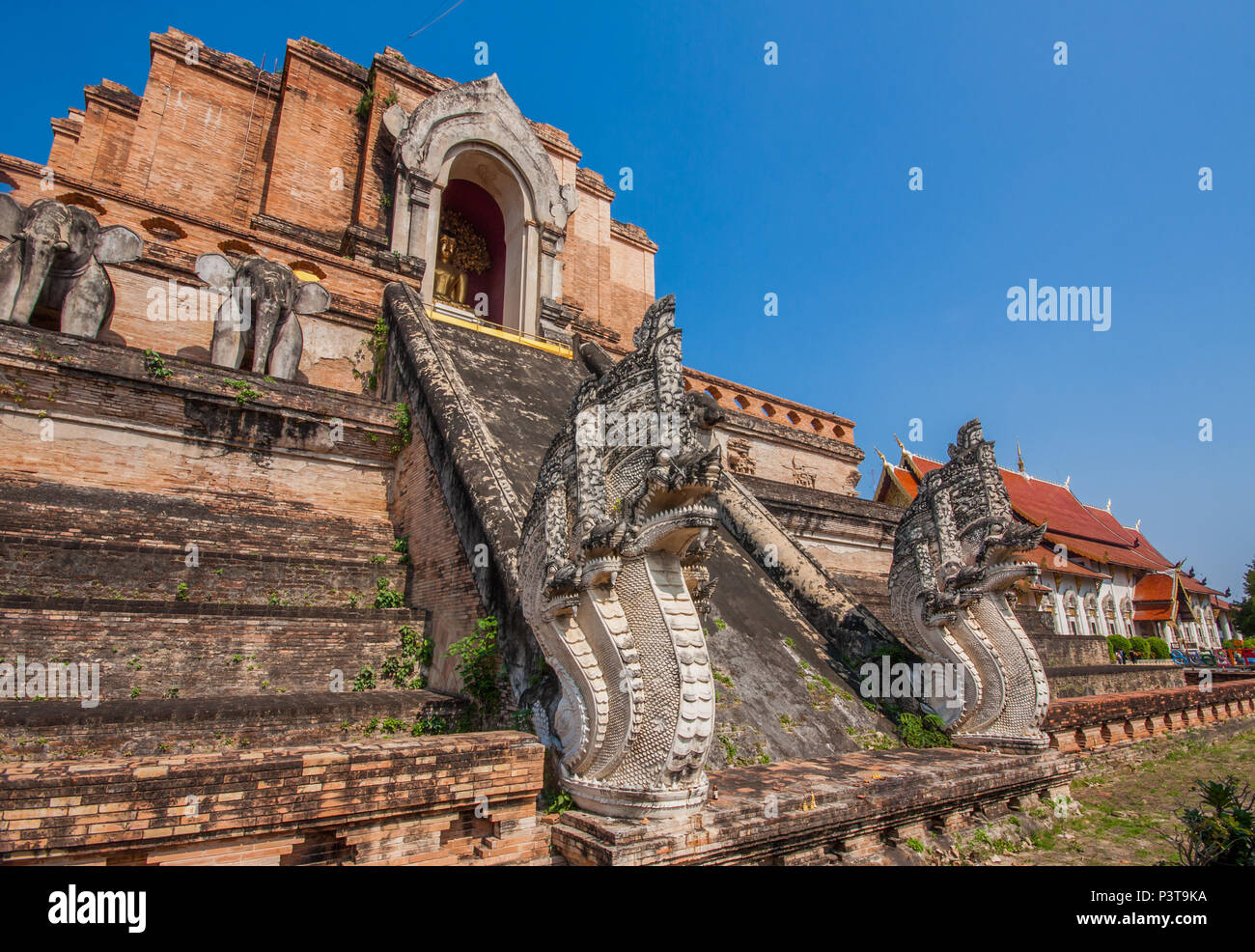 Chiang Mai, Thailand - in Thailand 95% of the population is Buddhist. Here in particular the Wat Chedi Luang, one of the main shrines in the country Stock Photo