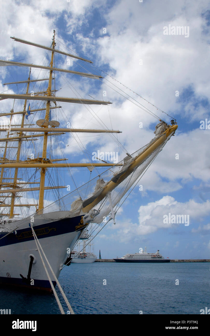Bow of five-masted sailing boat Royal Clipper moored at Bridgetown, Barbados, Caribbean Stock Photo