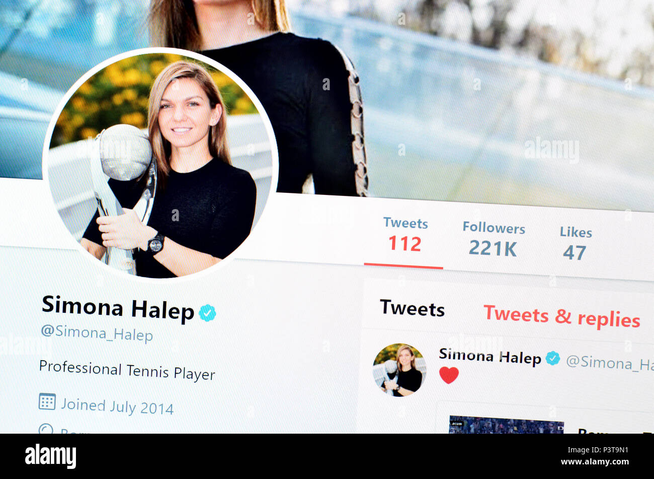 Simona Halep Twitter page (2018) Stock Photo