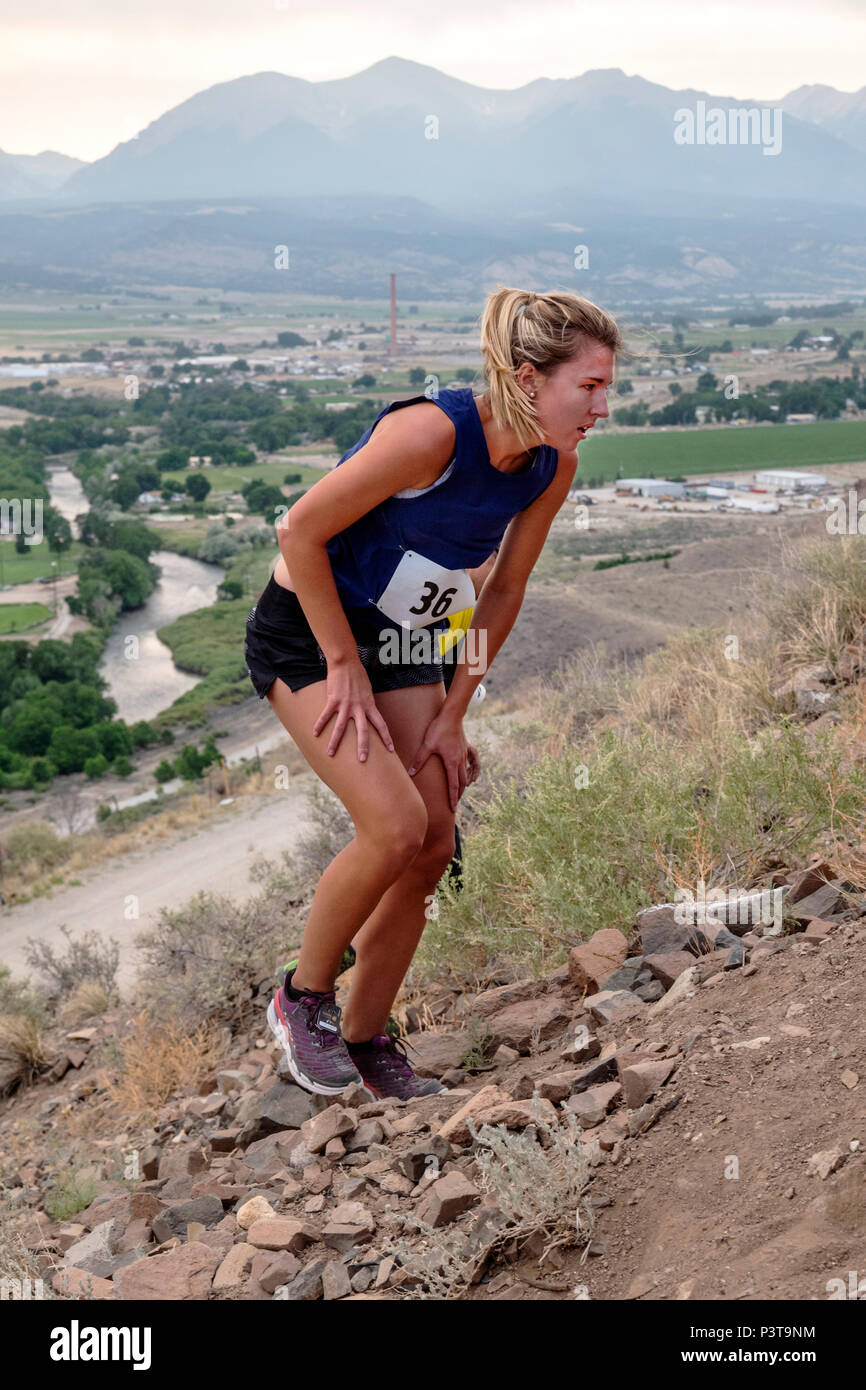 Athletes compete in a foot race and climb up 'S' Mountain (Tenderfoot Mountain) during the annual Fibark Festival; Salida; Colorado; USA Stock Photo